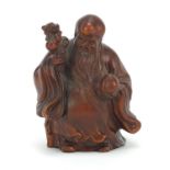 Good Chinese boxwood carving of Shao Lau holding a staff with gourd and peach, 10cm high :