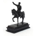 Patinated bronze study of an officer on horseback raised on a rectangular black marble base, 20.