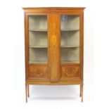 Edwardian inlaid mahogany glazed display cabinet with two doors, 185.5cm H x 123cm W x 47cm D :