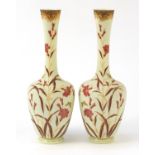 Pair of 19th French century opaline glass vases hand painted with flowers, each 40cm high :