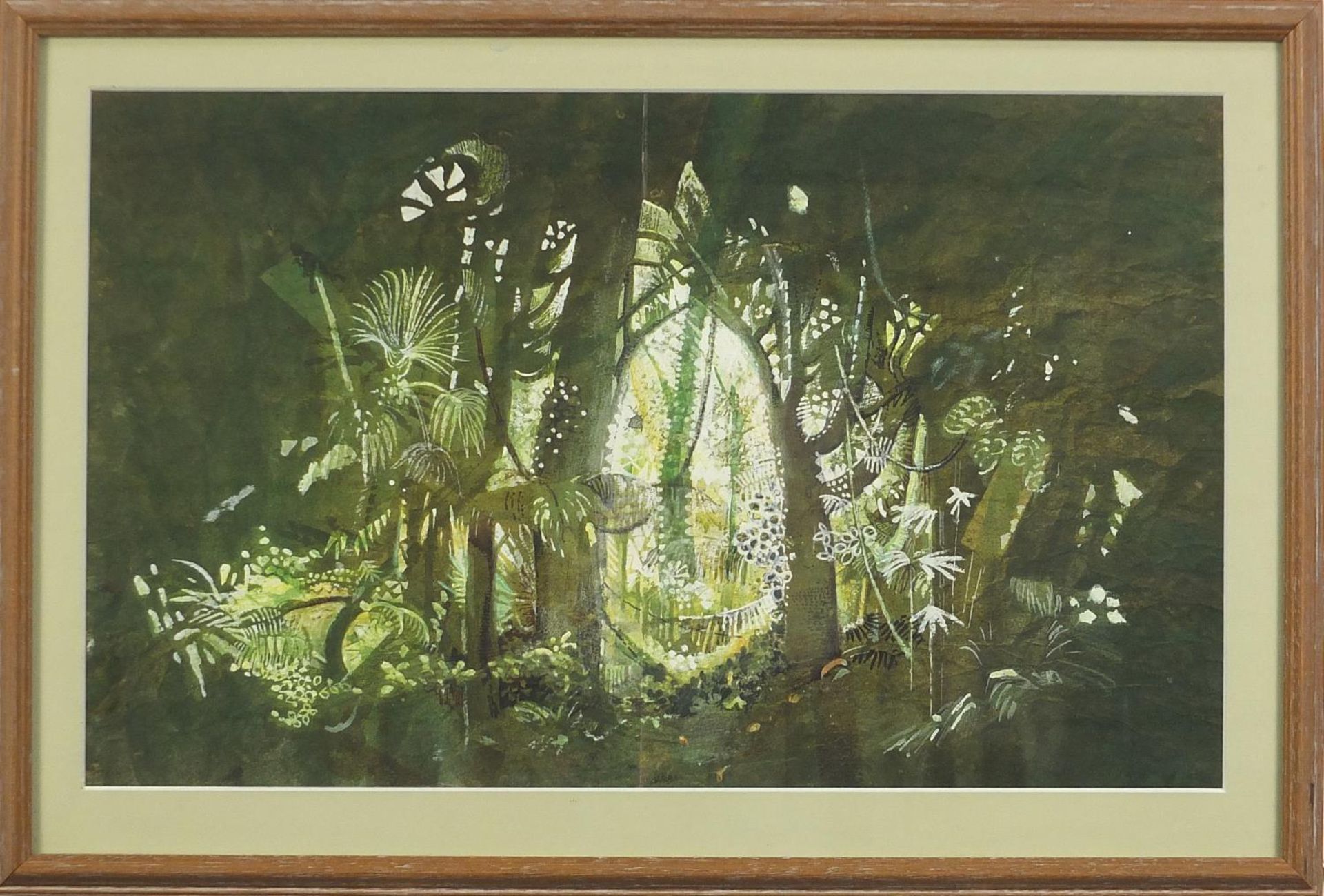 Peter Rice - Back cloth for Jungle scene, watercolour illustration, details verso, mounted, framed - Image 2 of 5