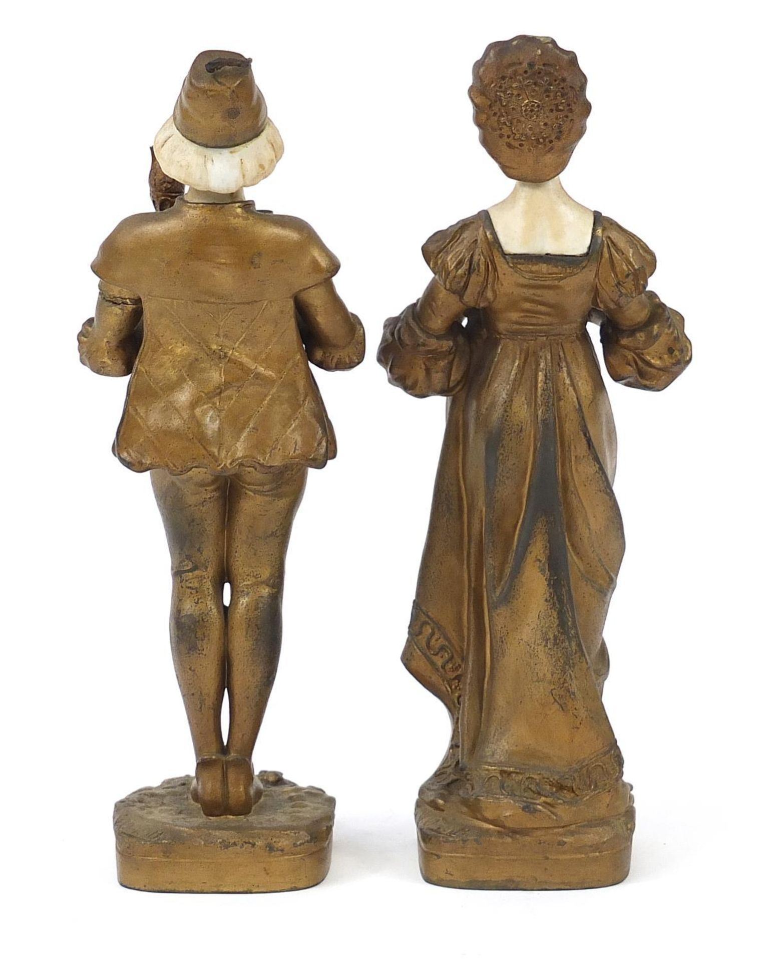 Pair of gilt metal and alabaster figures of a boy and girl in dutch dress, the largest 28.5cm high : - Image 2 of 4