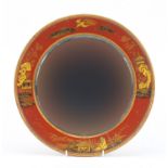 Circular Chinese chinoiserie lacquered wall mirror with bevelled plate gilded with figures and