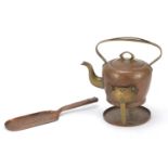 Arts & Crafts planished copper teapot on stand and a crumb scoop embossed with stylised flowers, the