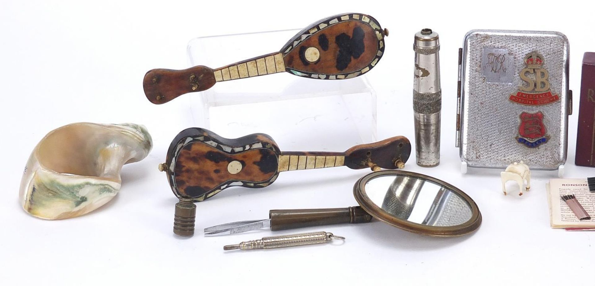 Objects including two tortoiseshell musical instruments with ivory inlay, Indian carved ivory - Image 2 of 4