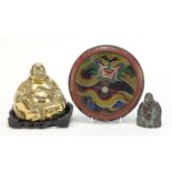 Two Chinese bronzed Buddhas and a cloisonné squatted bowl enamelled with a dragon, the largest