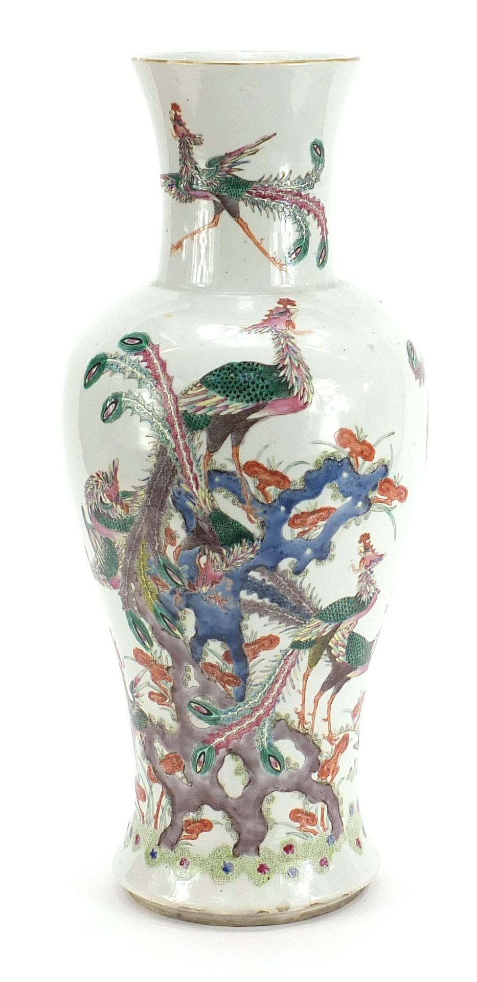 Large Chinese porcelain vase finely hand painted in the famille rose palette with phoenixes