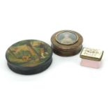 18th century Bilston enamel patch box inscribed with 'gift of a friend' and two 19th century snuff