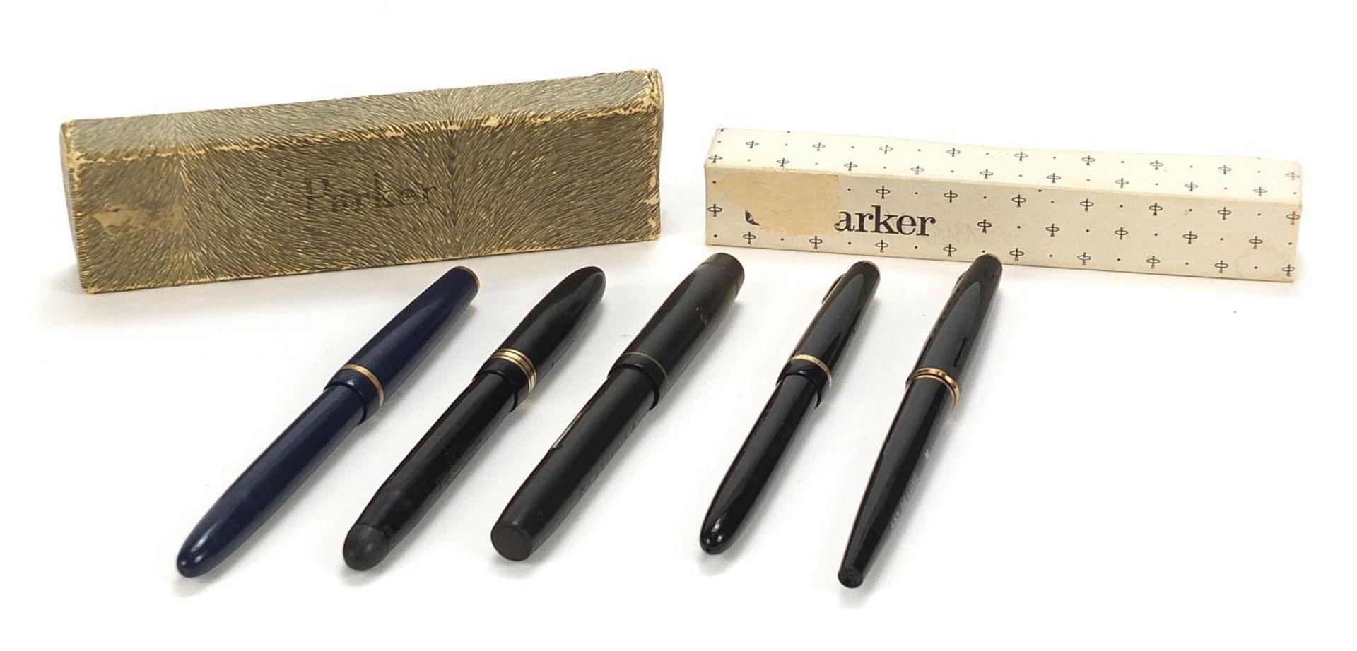 Five vintage fountain pens, four with gold nibs comprising Excelsior no. 2, Parker and Swan