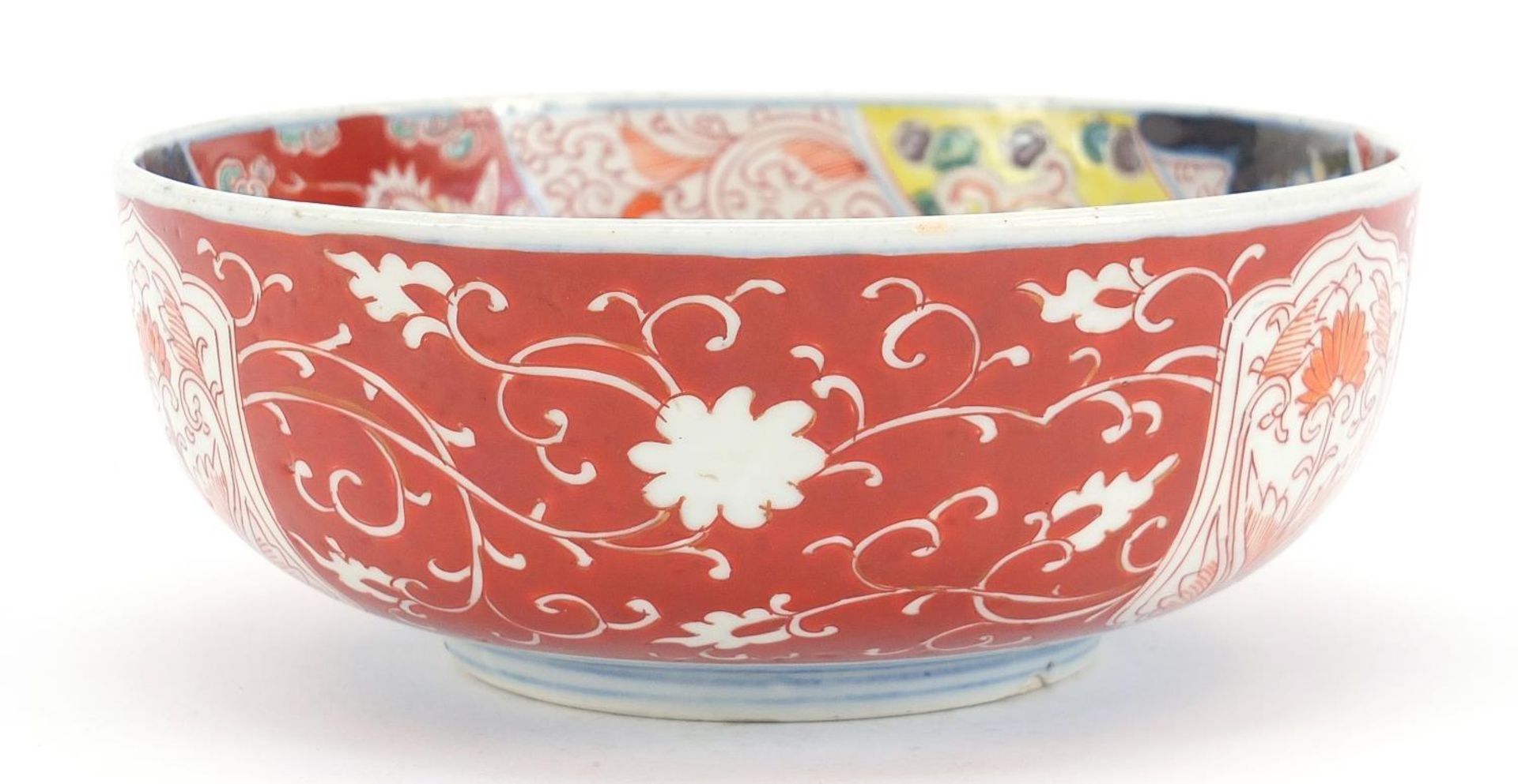 Japanese Imari comprising a pair of chargers hand painted with flowers and landscapes and a bowl, - Image 6 of 11