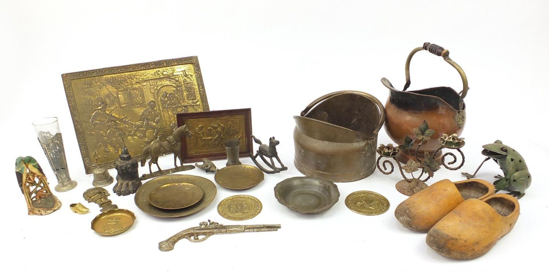 Metalware and wooden ware including a pair of Dutch clogs, embossed tavern plaques and two coal