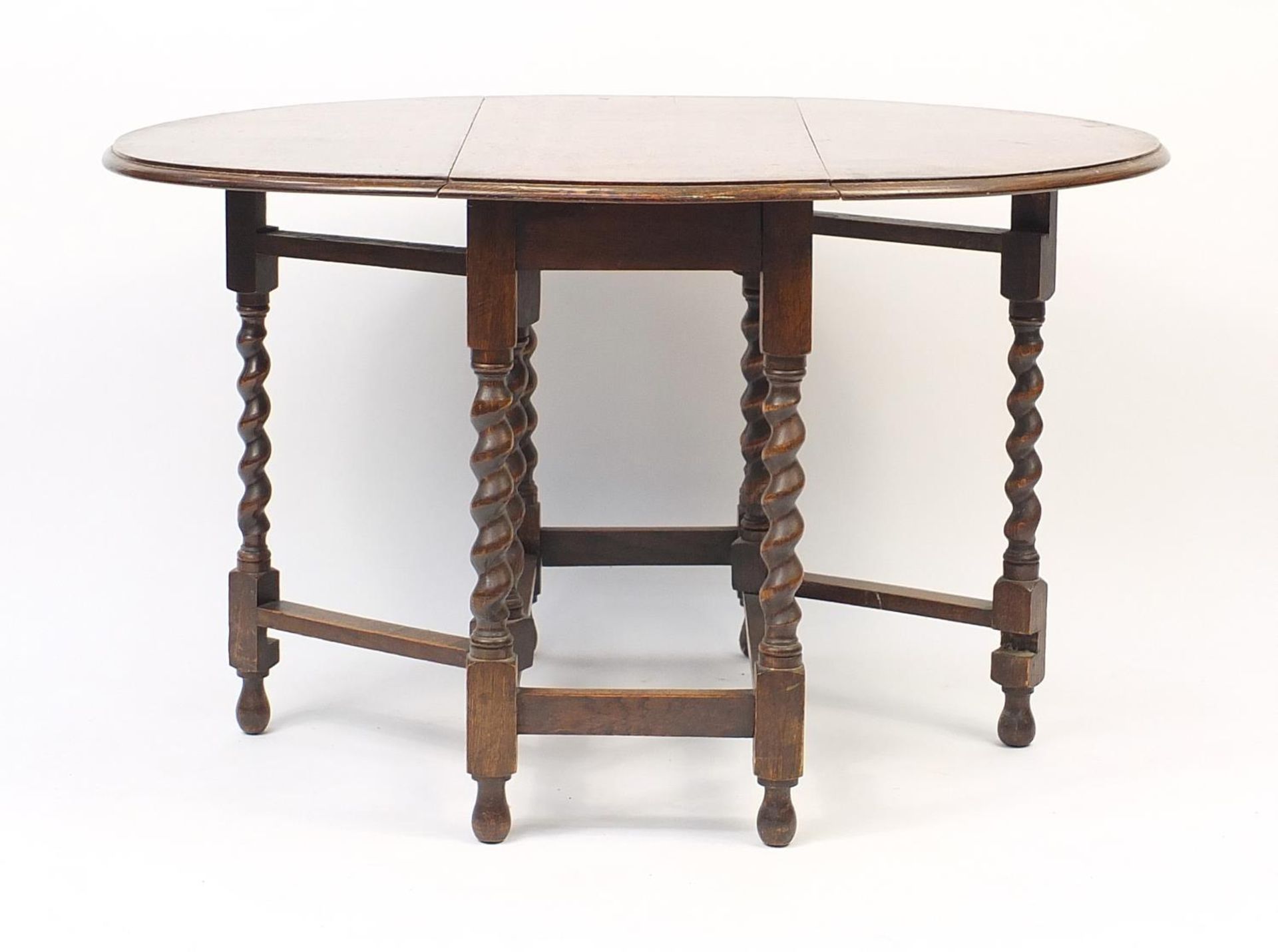 Oval oak gate leg table with barley twist legs, 73cm H x x 92cm W x 42cm D when closed : - Image 4 of 4