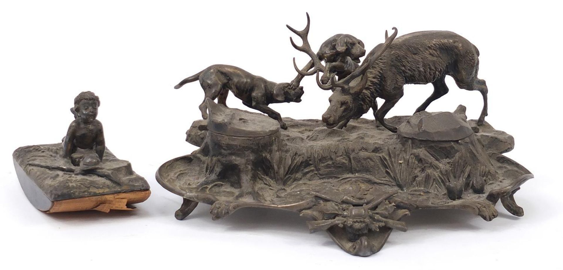 19th century silver plated moose and dog design desk stand and silver plated Putti design ink