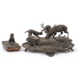 19th century silver plated moose and dog design desk stand and silver plated Putti design ink