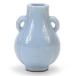 Chinese porcelain quatrefoil vase with ears having a clair de lune type glaze, 10cm high :