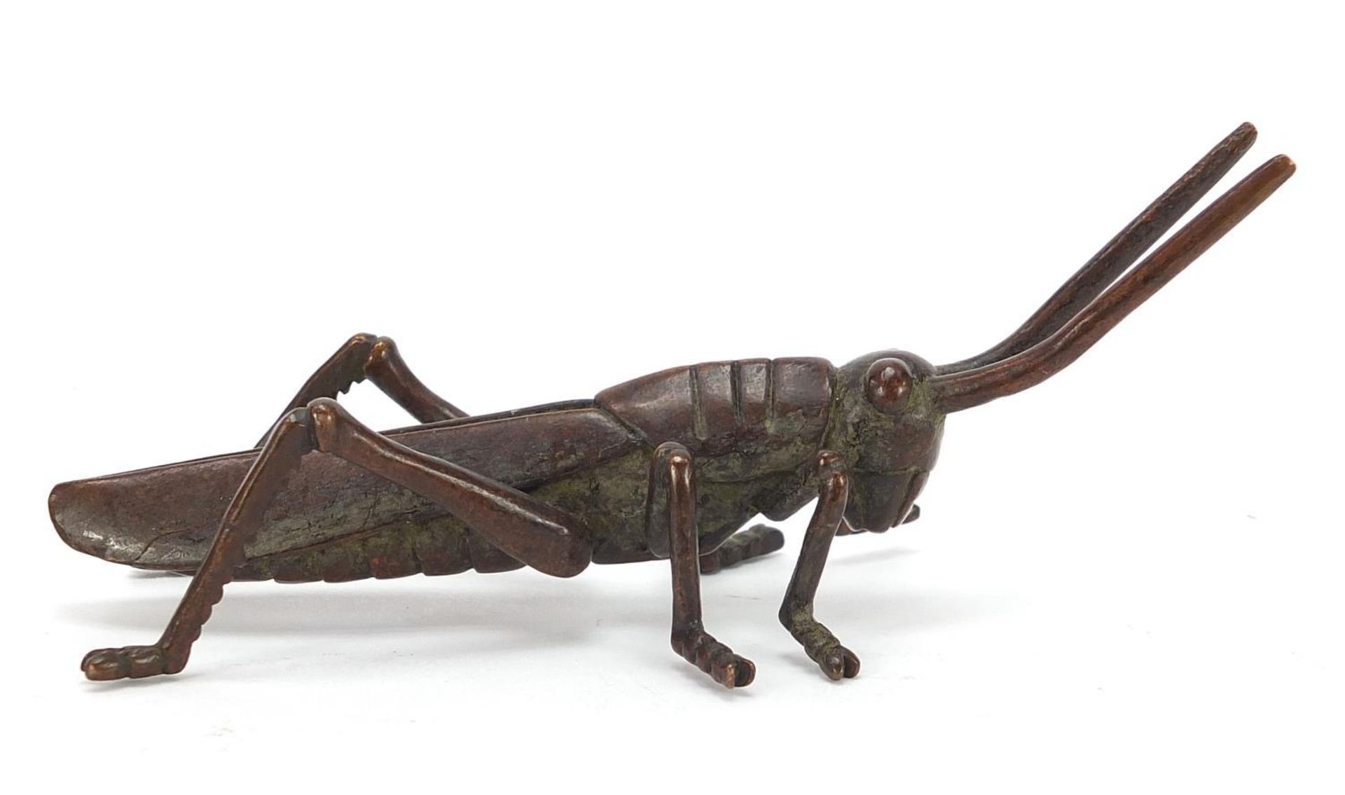 Japanese patinated bronze locust, impressed marks to the base, 11cm in length : - Image 4 of 8