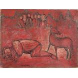 Sleeping nude female with animal, oil on canvas, unframed, 61cm x 46cm :