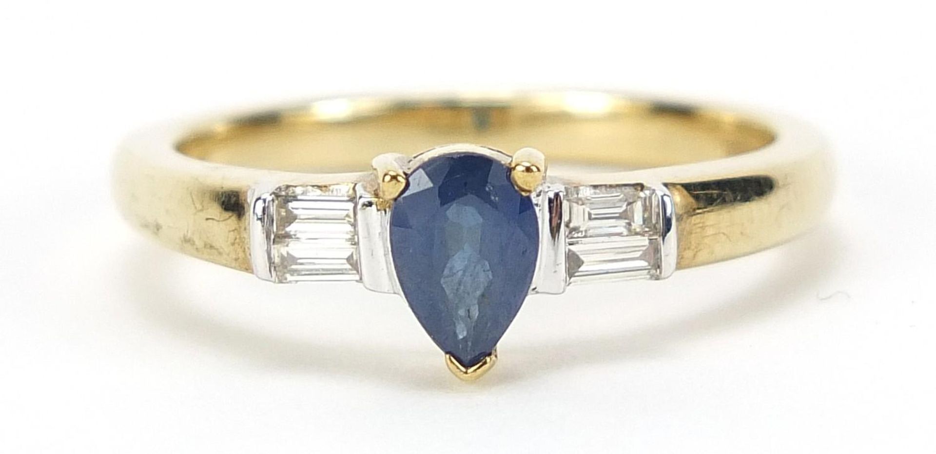 9ct gold pear cut sapphire ring with baguette cut diamond shoulders, size M, 2.9g :