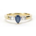 9ct gold pear cut sapphire ring with baguette cut diamond shoulders, size M, 2.9g :