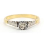 Art Deco 18ct gold and platinum diamond solitaire ring, size O, 2.7g :