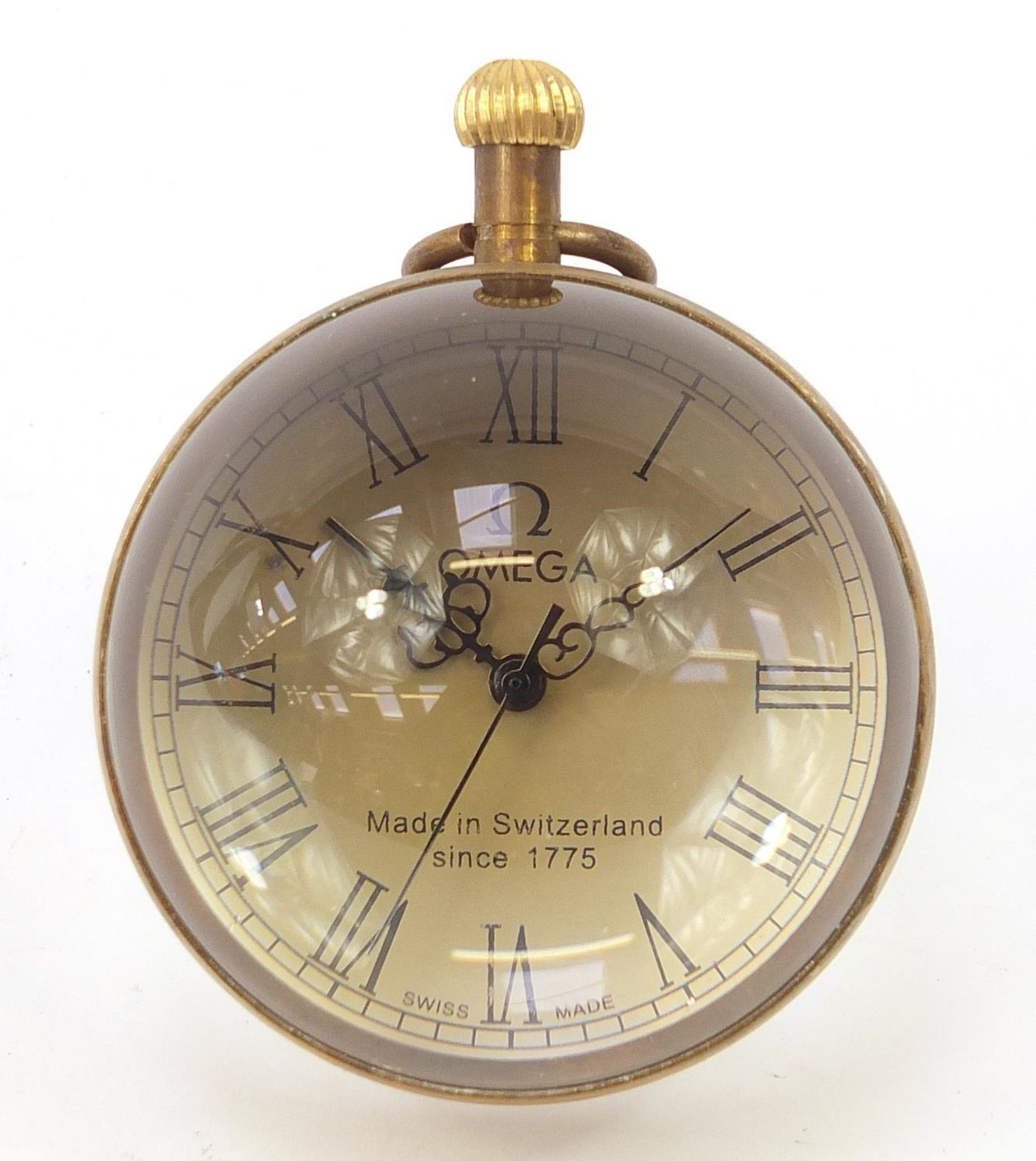 Brass and glass globular desk clock, 6.5cm high :