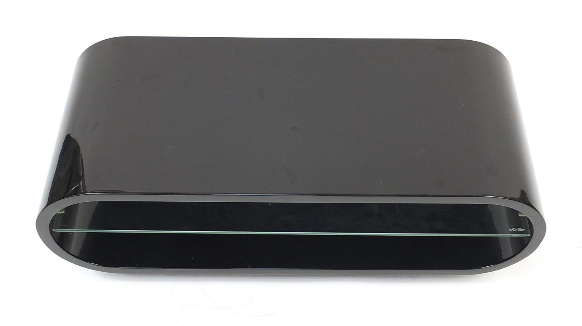 Techlink black gloss TV stand with glass shelf, 34cm H x 94.5cm W x 39.5cm D : - Image 3 of 4