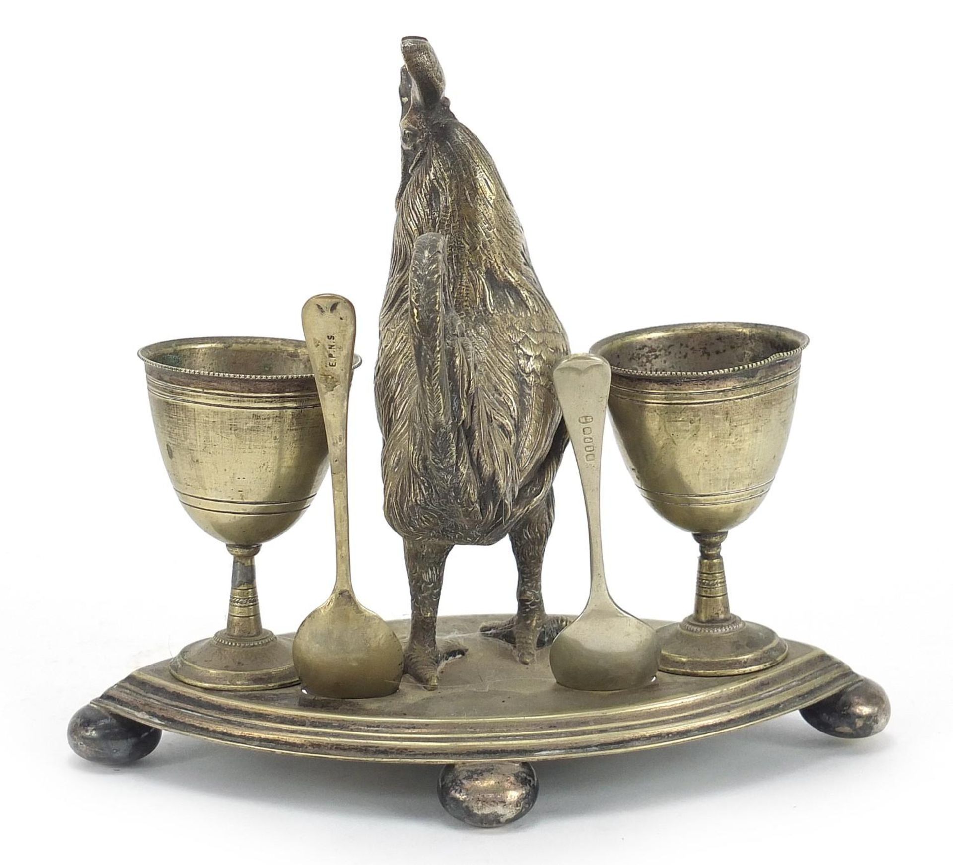 Novelty silver plated cockerel design egg cup stand with spoons, 16cm high : - Image 2 of 4