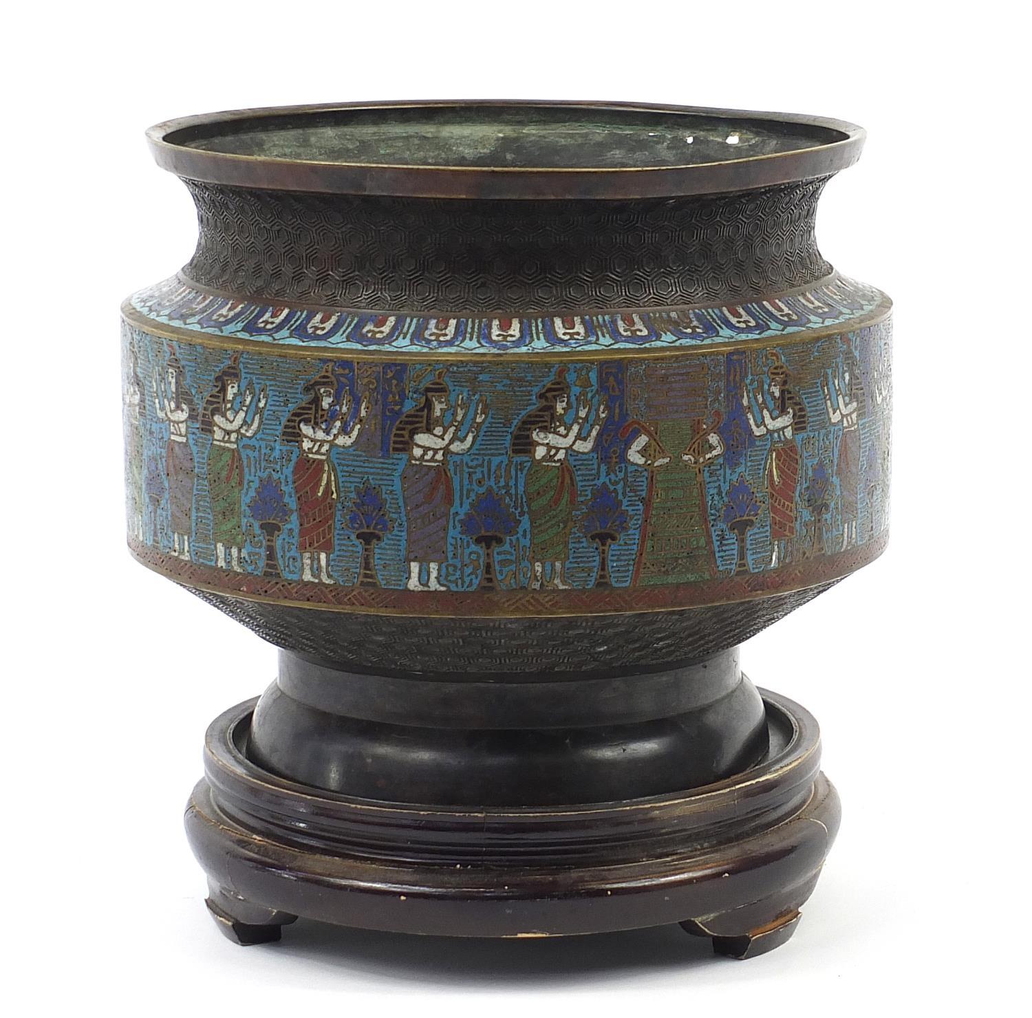 Large Chinese Egyptian revival cloisonné planter on carved hardwood stand, overall 30.5cm high x