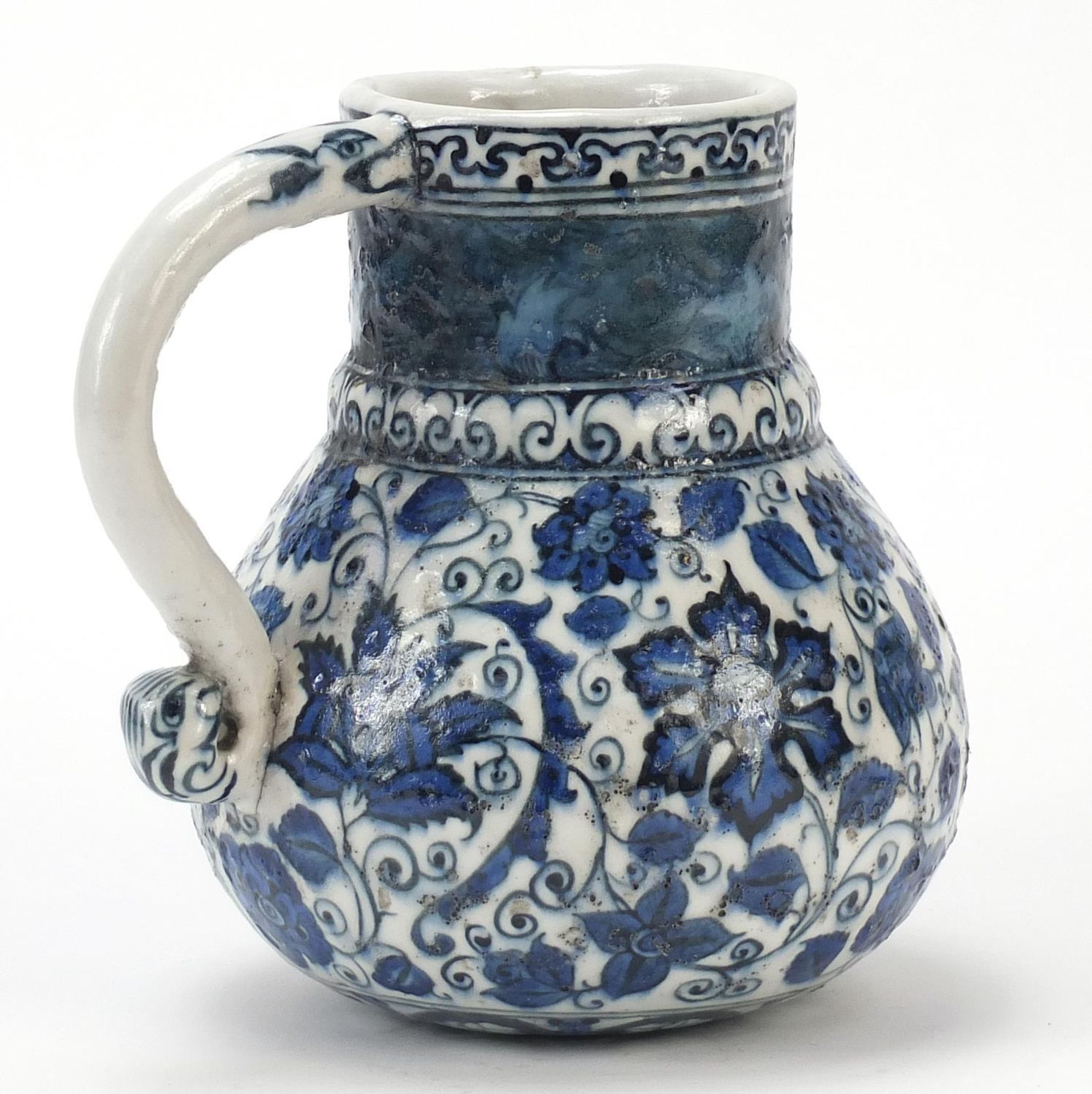 Turkish Iznik water jug with handle, hand painted with flowers and foliage, 19.5cm high : - Image 2 of 4