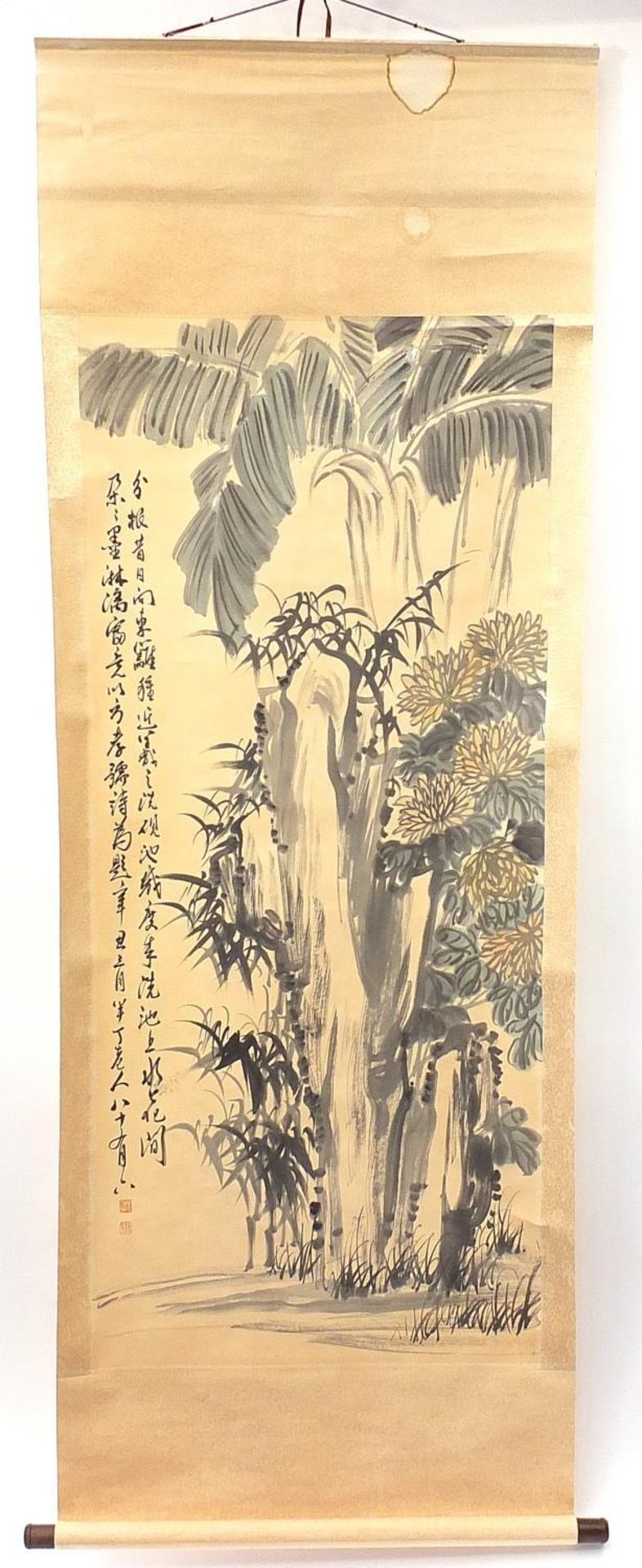 Blossoming flowers, Chinese watercolour wall hanging scroll with calligraphy and red seal marks, - Image 2 of 4