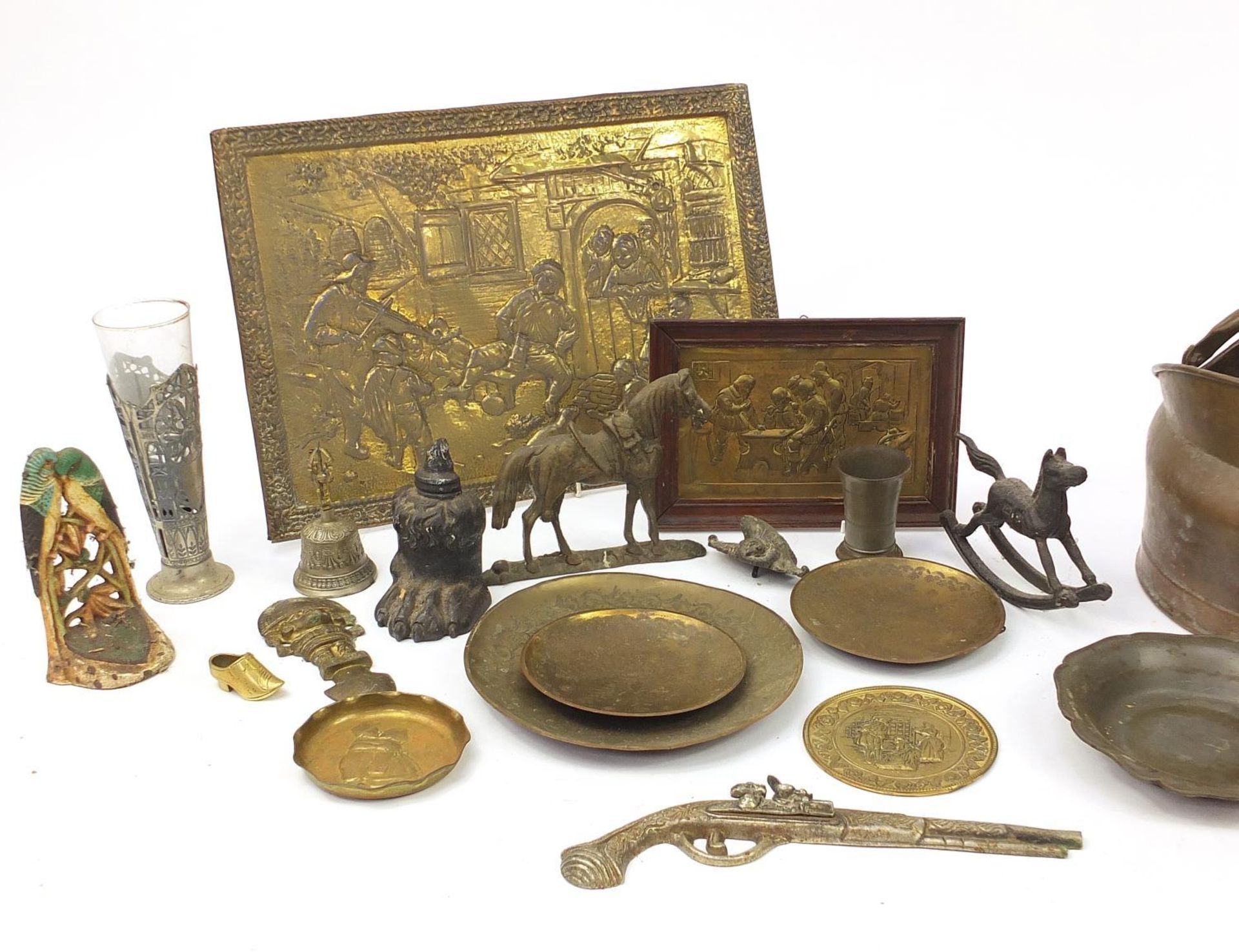 Metalware and wooden ware including a pair of Dutch clogs, embossed tavern plaques and two coal - Image 2 of 4