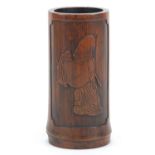 Chinese bamboo brush pot carved with an elder and calligraphy, 13.5cm high :