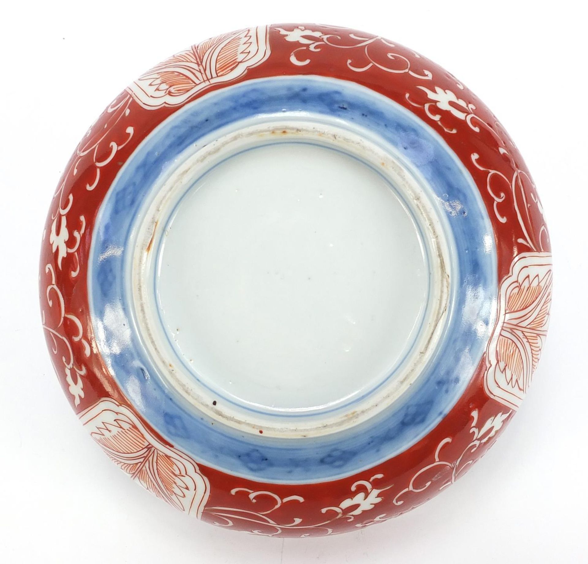 Japanese Imari comprising a pair of chargers hand painted with flowers and landscapes and a bowl, - Image 11 of 11