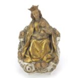 19th century Continental gilt and silvered carved wood icon of Madonna and child, 16.5cm high :