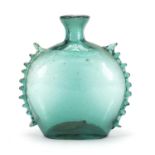 Antique green glass bottle shaped vase with applied frilled edges, 20cm high :