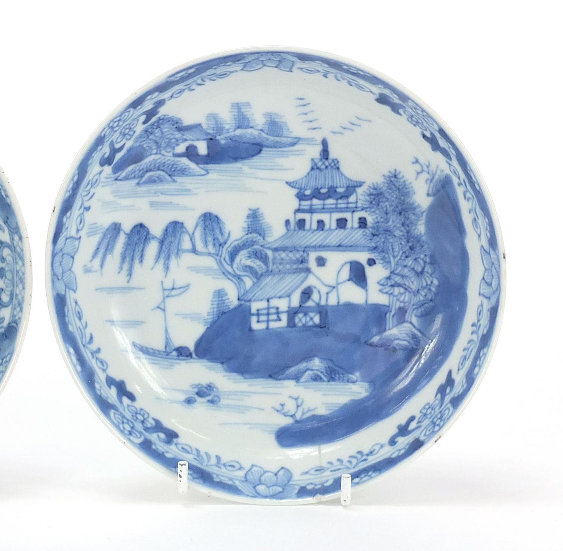 Three Chinese blue and white porcelain dishes each hand painted with a pagoda and river landscape, - Image 3 of 4