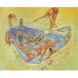 John Holder - The swimming pool, pastel on paper, mounted, framed and glazed, 42cm x 34cm