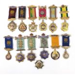 Thirteen Royal Order of Buffalo silver and enamel jewels, mostly gilt including examples presented