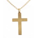 9ct gold cross pendant on a 9ct gold necklace, 2.8cm high and 44cm in length, total 3.8g :