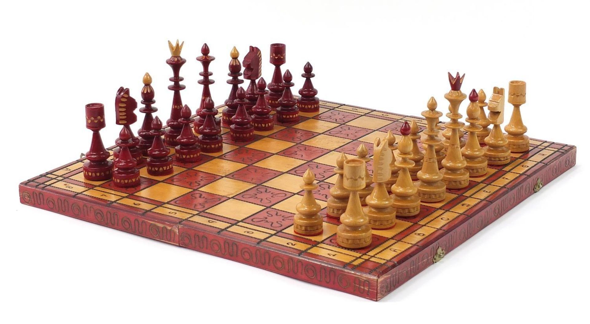 Carved hardwood chess set with folding chess board, the board 54cm x 54cm :