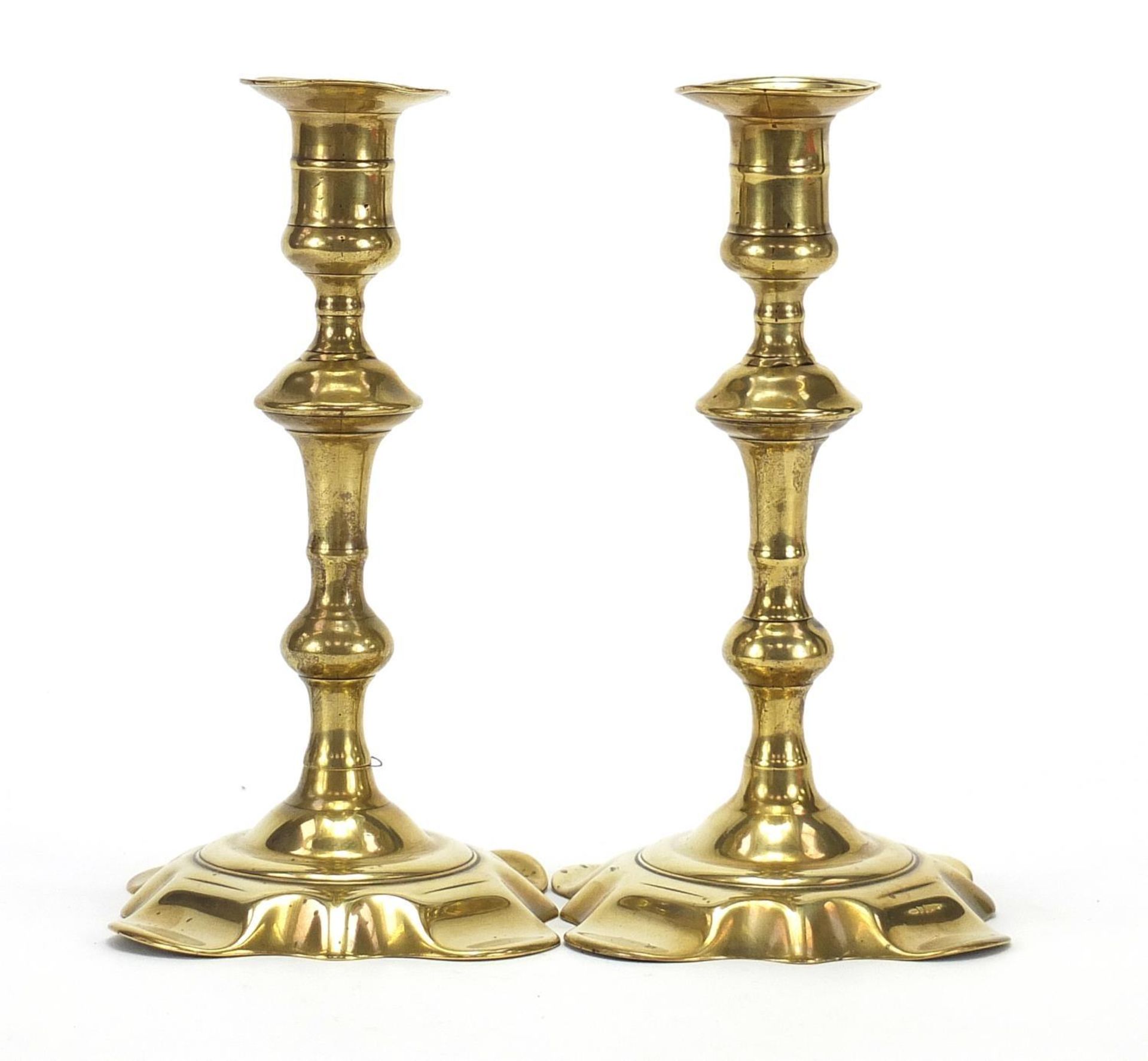 Pair of 18th century brass candlesticks, each 20.5cm high : - Image 2 of 3