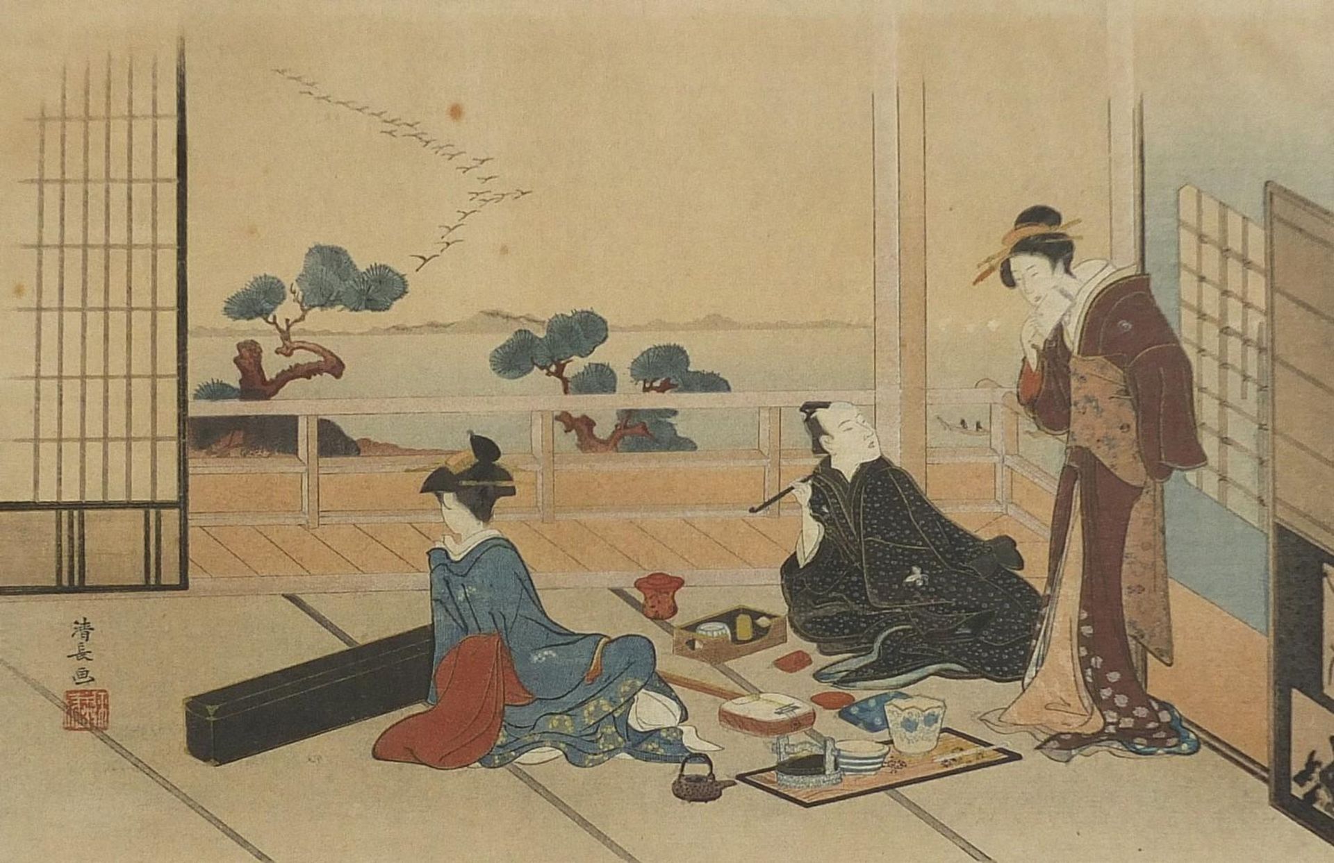 Geishas and scholars, two Japanese watercolours with calligraphy and seal marks, each mounted, - Image 2 of 7