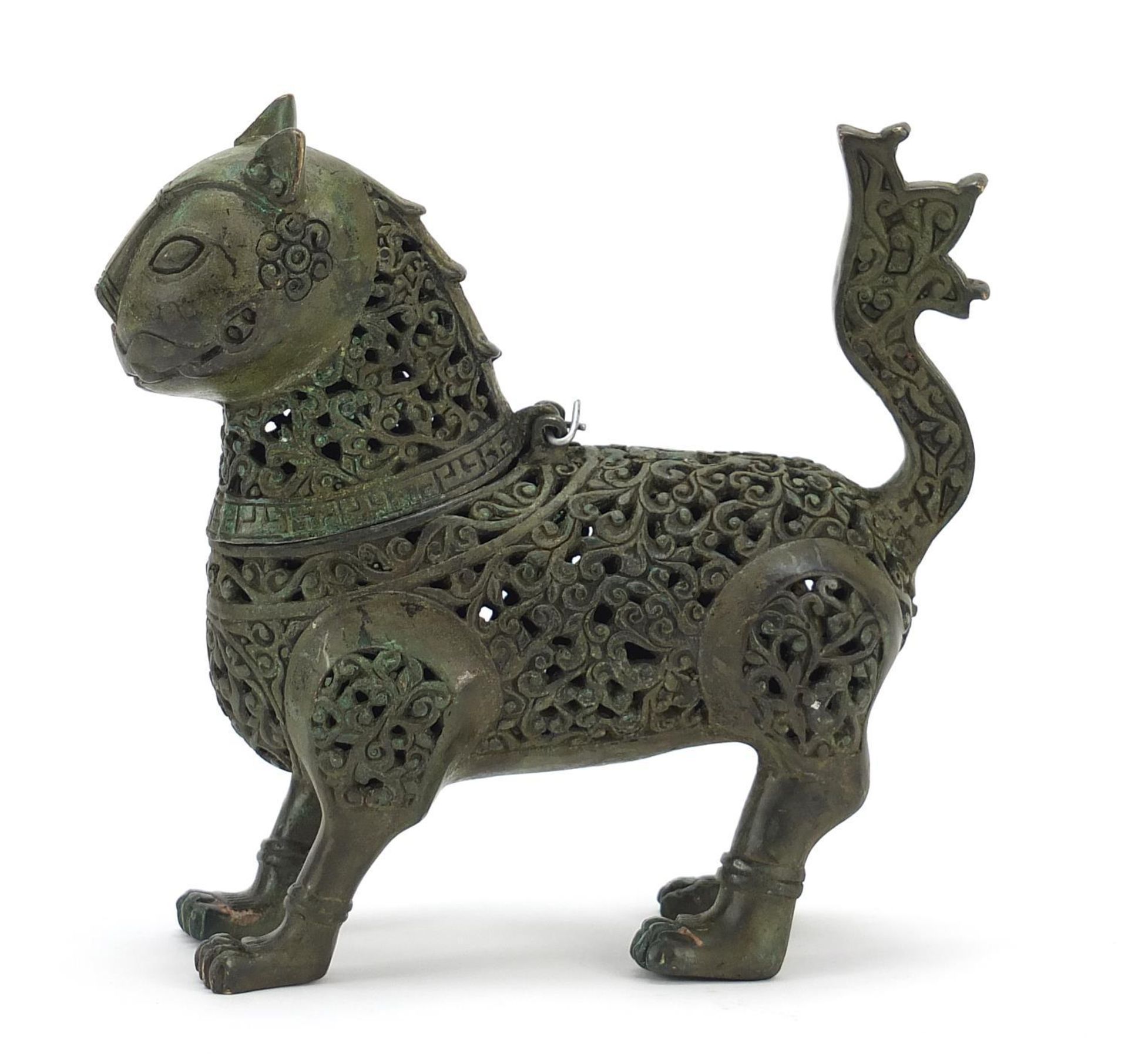 Islamic Verdigris bronze mythical animal incense burner with articulated head, 18cm in length : - Image 3 of 8