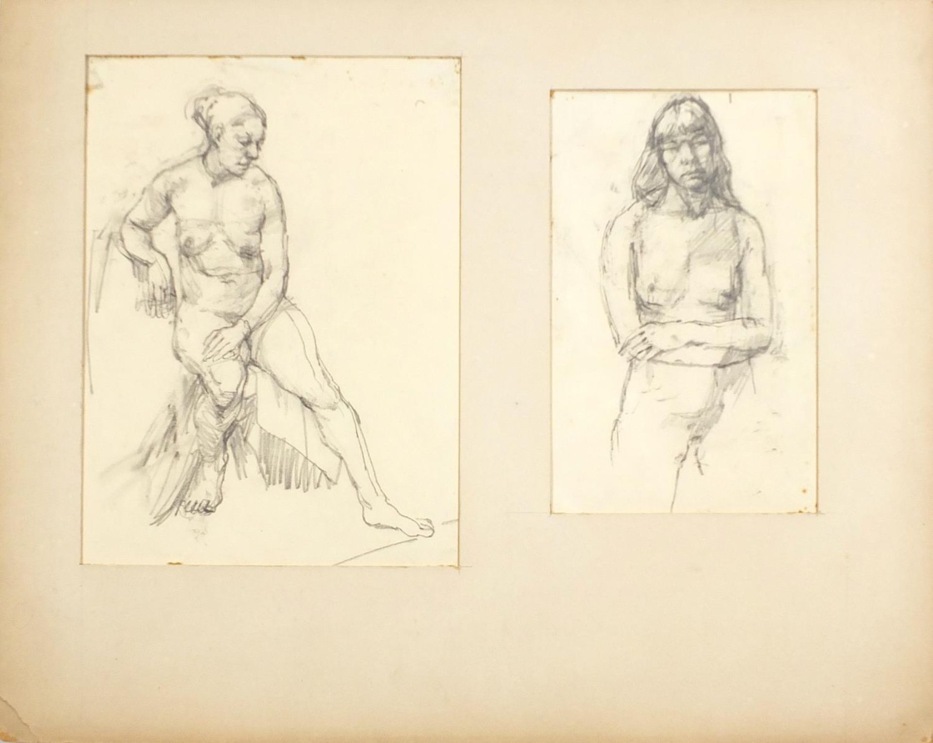 Nude figural studies, four pencil drawings on paper, mounted, unframed, the largest 29cm x 21.5cm - Image 2 of 5