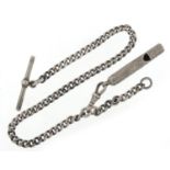 Silver watch chain with T bar and silver coloured metal whistle, 30cm in length, total 39.0g :
