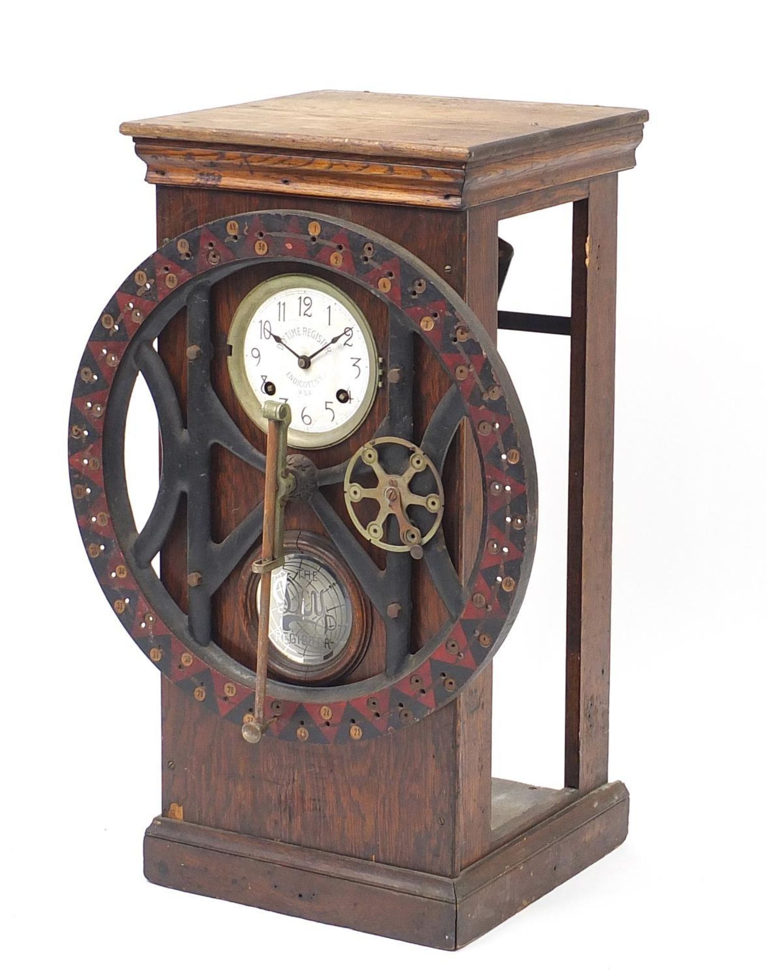 United States of America hardwood daytime register clock with enamel dial and Arabic numerals,