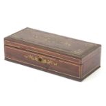 19th century French rosewood glove box with foliate metal inlay, 6.5cm H x 24cm W x 11cm D :