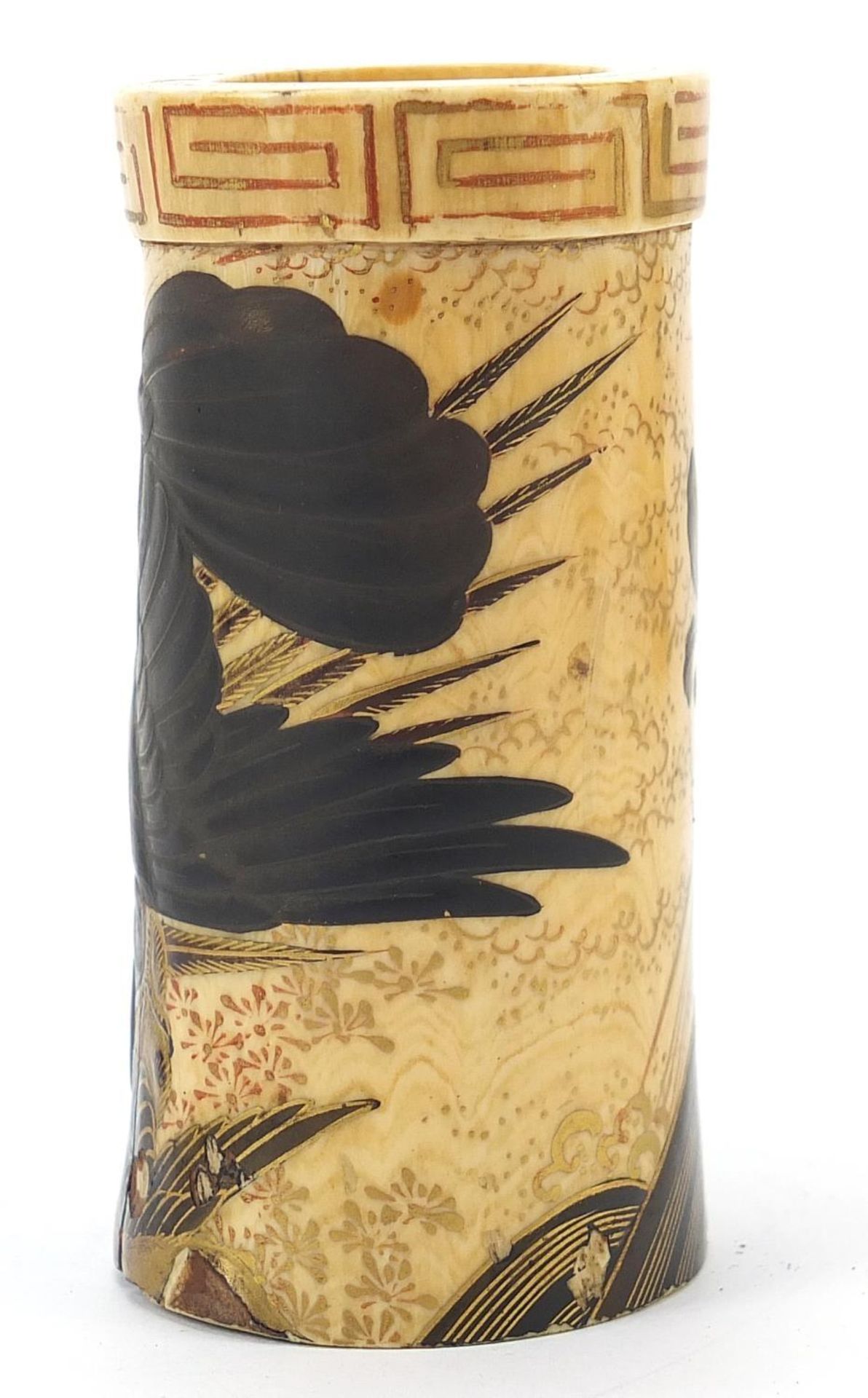 Japanese ivory tusk section lacquered and gilded with two birds of paradise, 9cm high : - Image 2 of 6