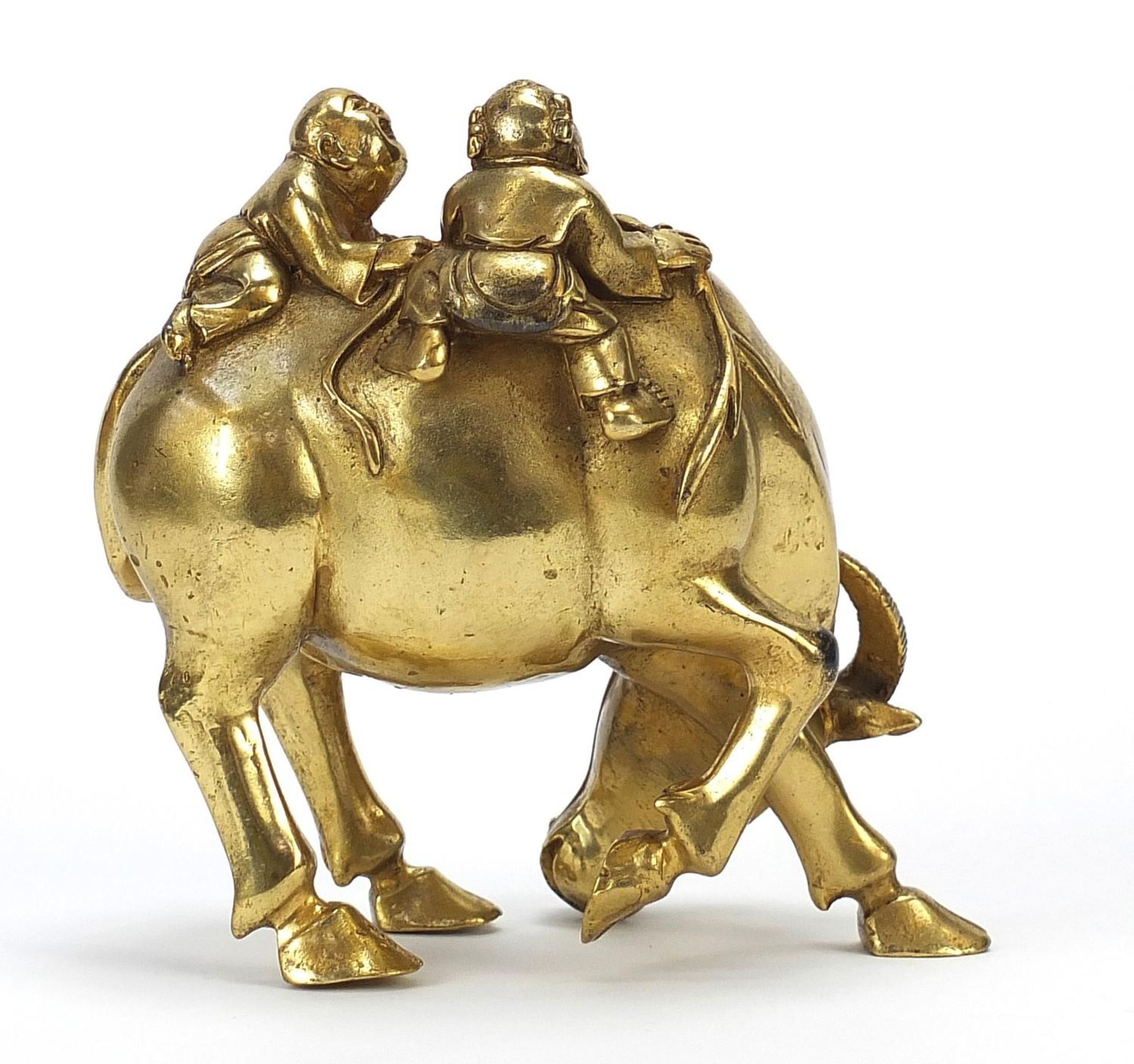 Chinese gilt bronze figure of two boys on a water buffalo, 14cm high : - Image 3 of 6