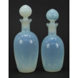 Matched pair of 19th century vaseline glass scent bottles, the largest 18cm high :